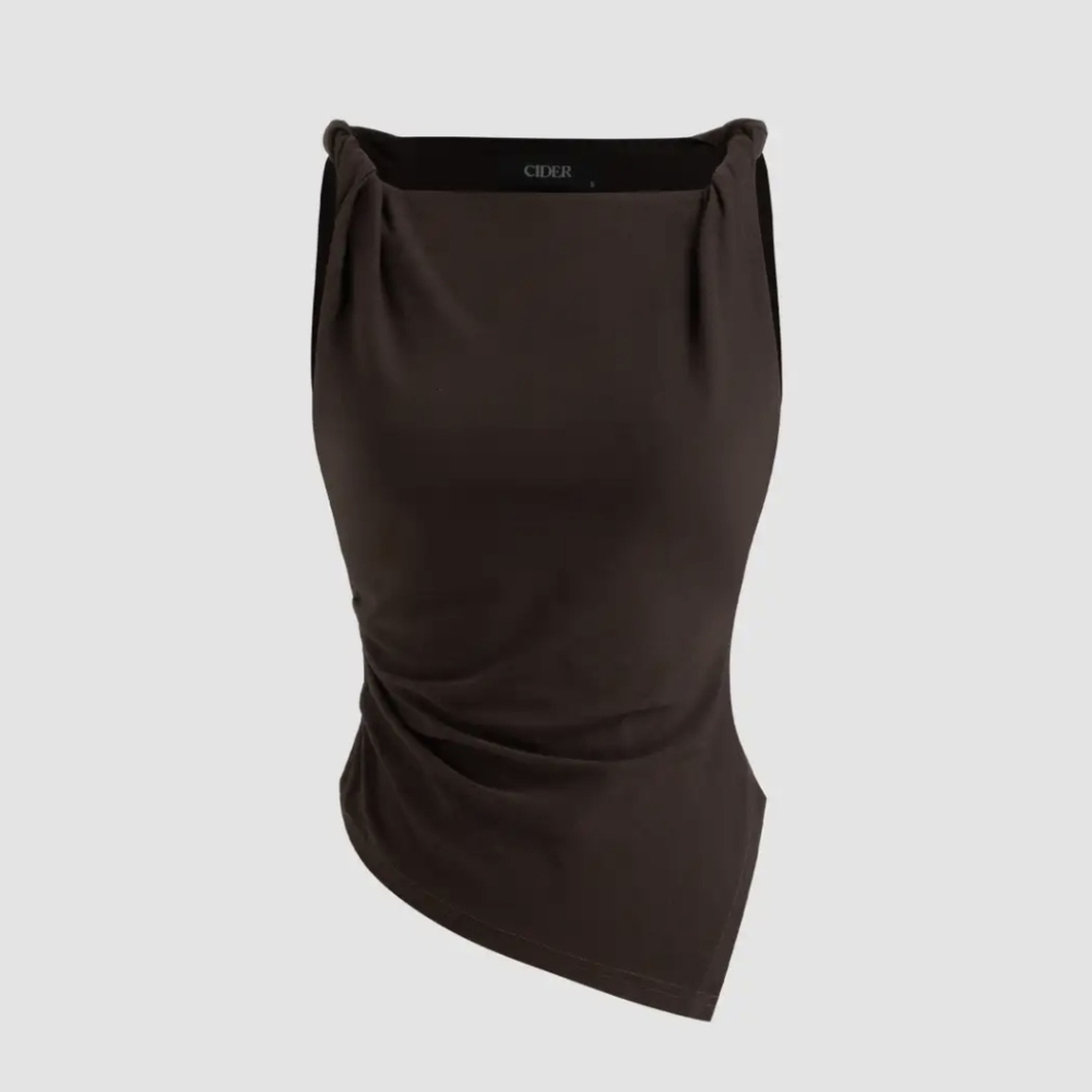 Cider Boat Neck Asymmetrical Hem Twist Strap Women's Top Chocolate Sz Large